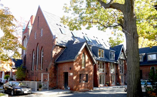 21 Swanwick, a heritage church conversion into 10 luxury loft townhouses on a treed residential street in Upper Beach, Toronto, Canada