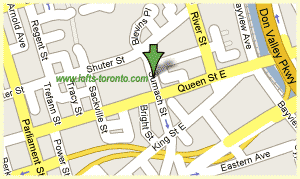 Location of converted warehouse lofts at 90 Sumach Street in Corktown, Toronto