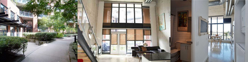 Robert Watson soft loft building at 369 Sorauren Avenue in Toronto features concrete floors and ceilings, large windows, and exposed heating pipes. Many of these loft units are two-level, and most have balconies.
